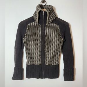 John Varvatos Women's Ribbed Knit Zip Up Wool Cardigan Sz XS Brown Y2K